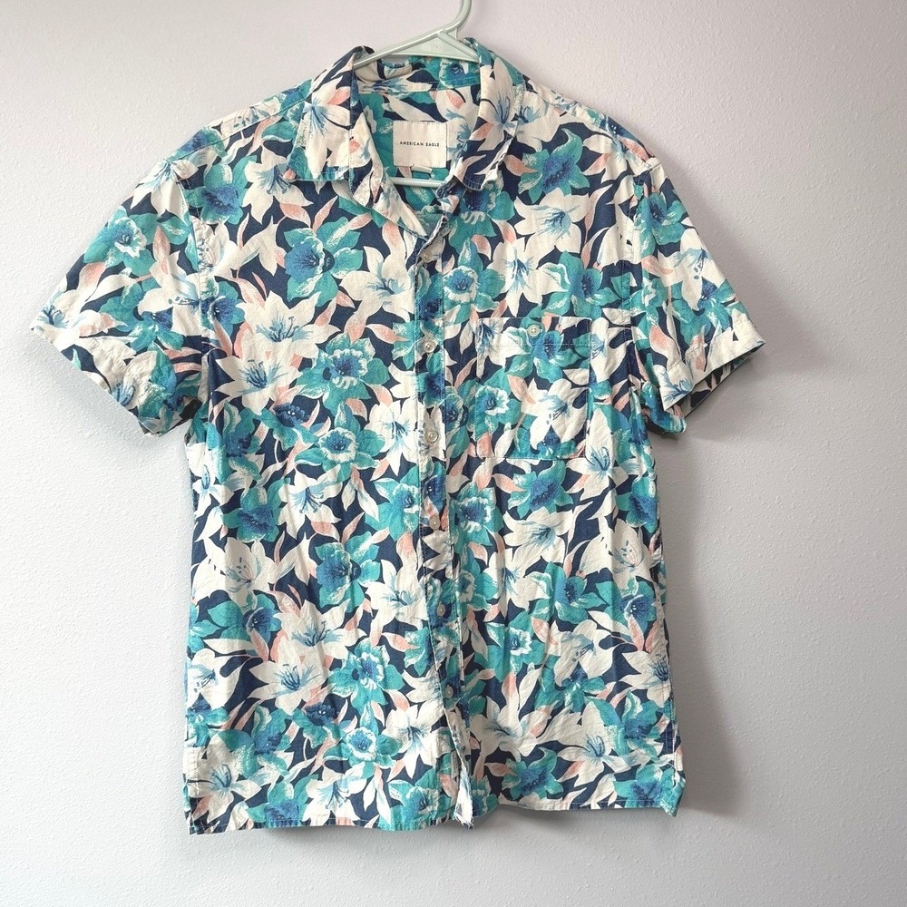 American Eagle Mens Floral Tropical Button Down Shirt Blue Pink Cotton Medium